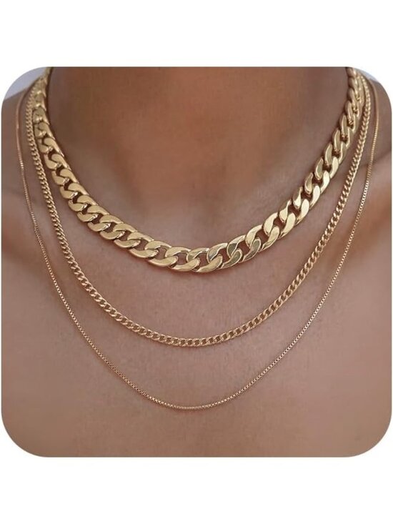 Jewelry - Women's Chunky Cuban Gold Non Tarnish Chunky 14k Gold Plated Layered Necklaces